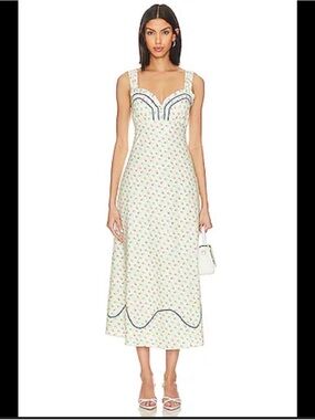 Free People Cream Floral Midi Dress with Navy Trim - Women Dresses
